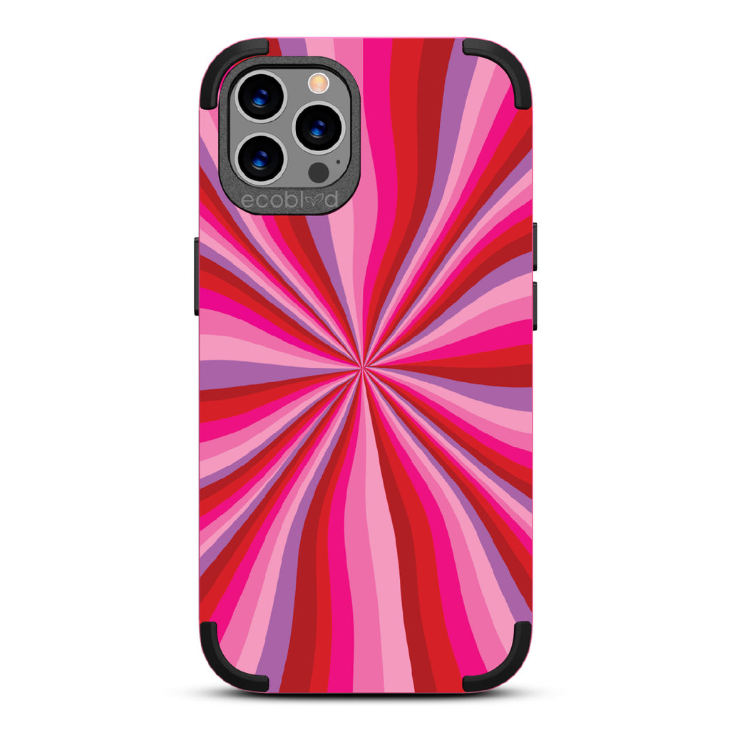 Burst Of Passion - Pink Rugged Eco-Friendly iPhone 12/12 Pro Case With Radial Burst Of Pink & Purple Gradients On Back