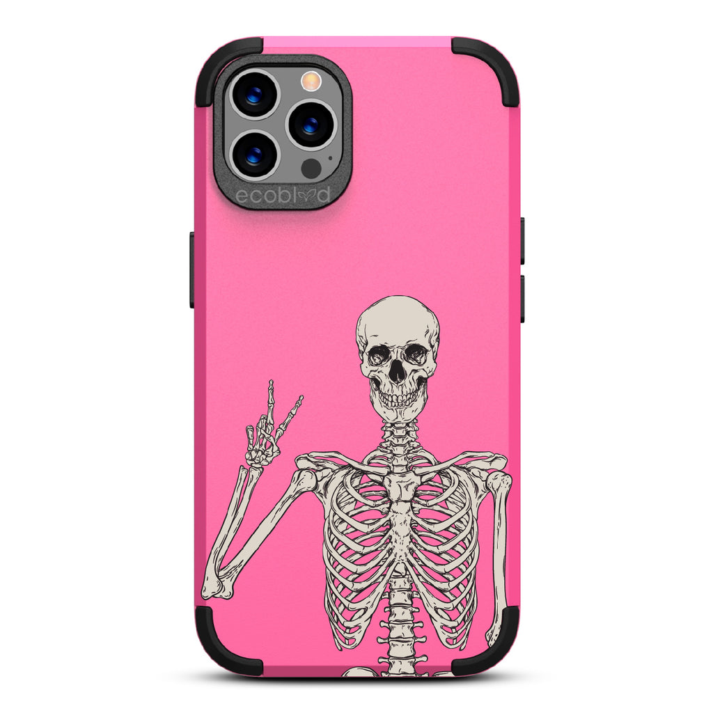 Creeping It Real - Pink Rugged Eco-Friendly iPhone 12/12 Pro Case With Skeleton Giving A Peace Sign On Back