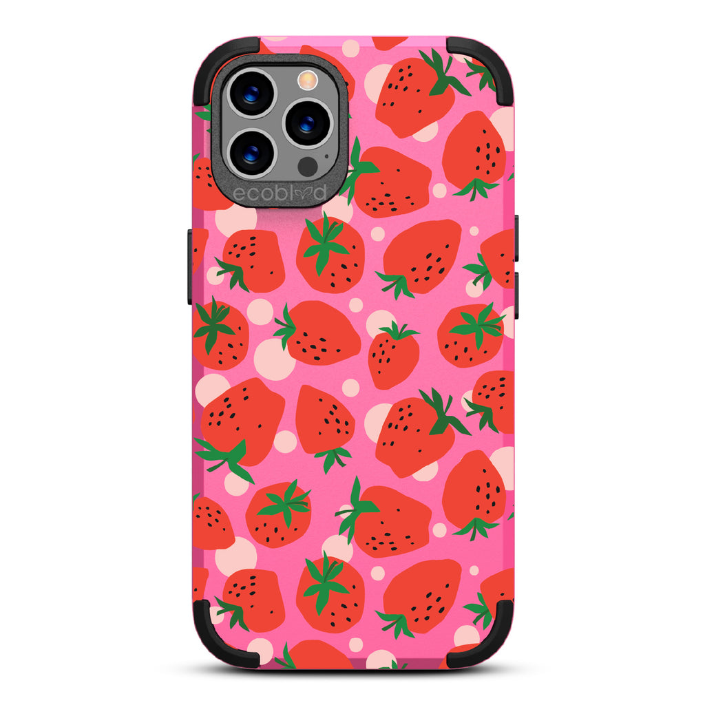Strawberry Fields - Pink Rugged Eco-Friendly iPhone 12/12 Pro Case With Strawberries On Back