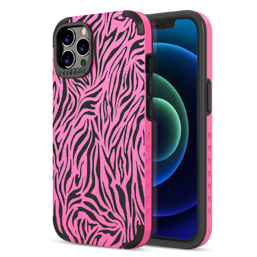 Zebra Print - Back View Of Pink & Eco-Friendly Rugged iPhone 12/12 Pro Case & A Front View Of The Screen