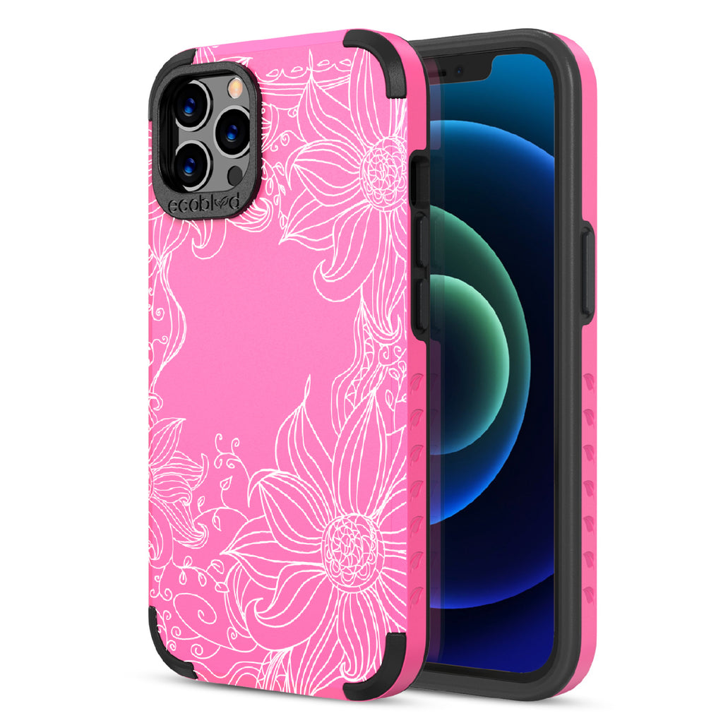 Flower Stencil - Back View Of Pink & Eco-Friendly Rugged iPhone 12/12 Pro Case & A Front View Of The Screen