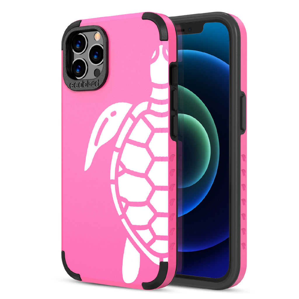 Sea Turtle - Back View Of Pink & Eco-Friendly Rugged iPhone 12/12 Pro Case & A Front View Of The Screen