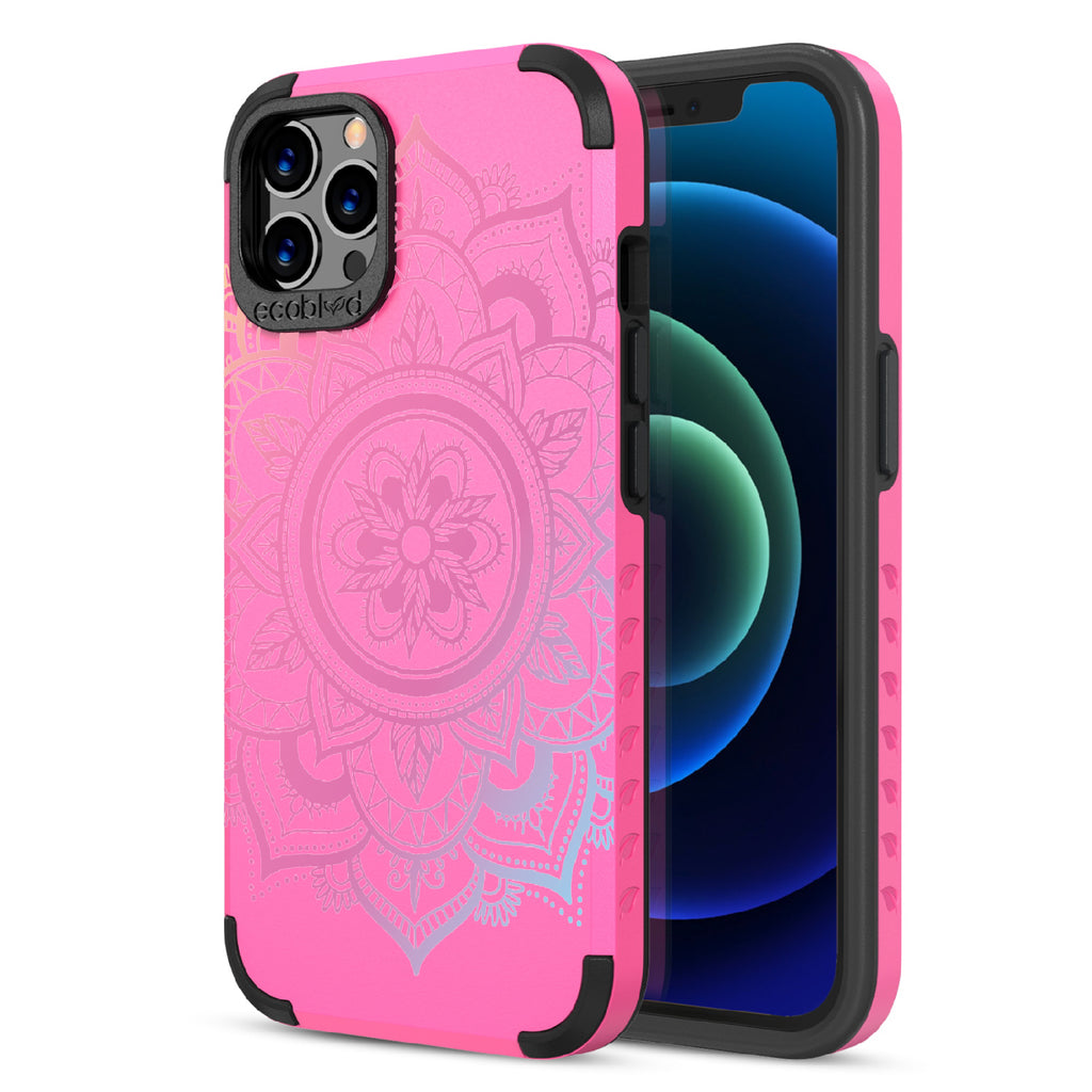 Mandala - Back View Of Pink & Eco-Friendly Rugged iPhone 12/12 Pro Case & A Front View Of The Screen