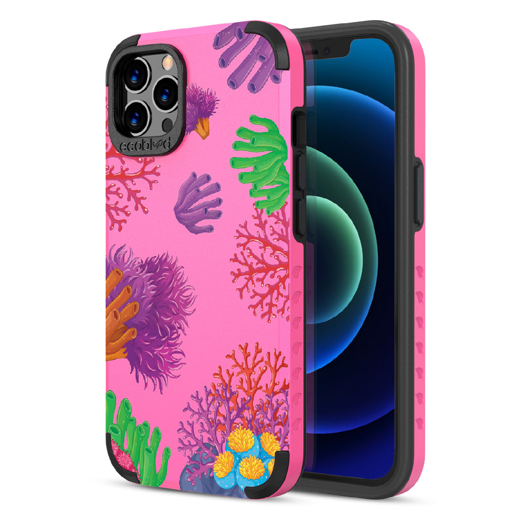 Coral Reef - Back View Of Pink & Eco-Friendly Rugged iPhone 12/12 Pro Case & A Front View Of The Screen