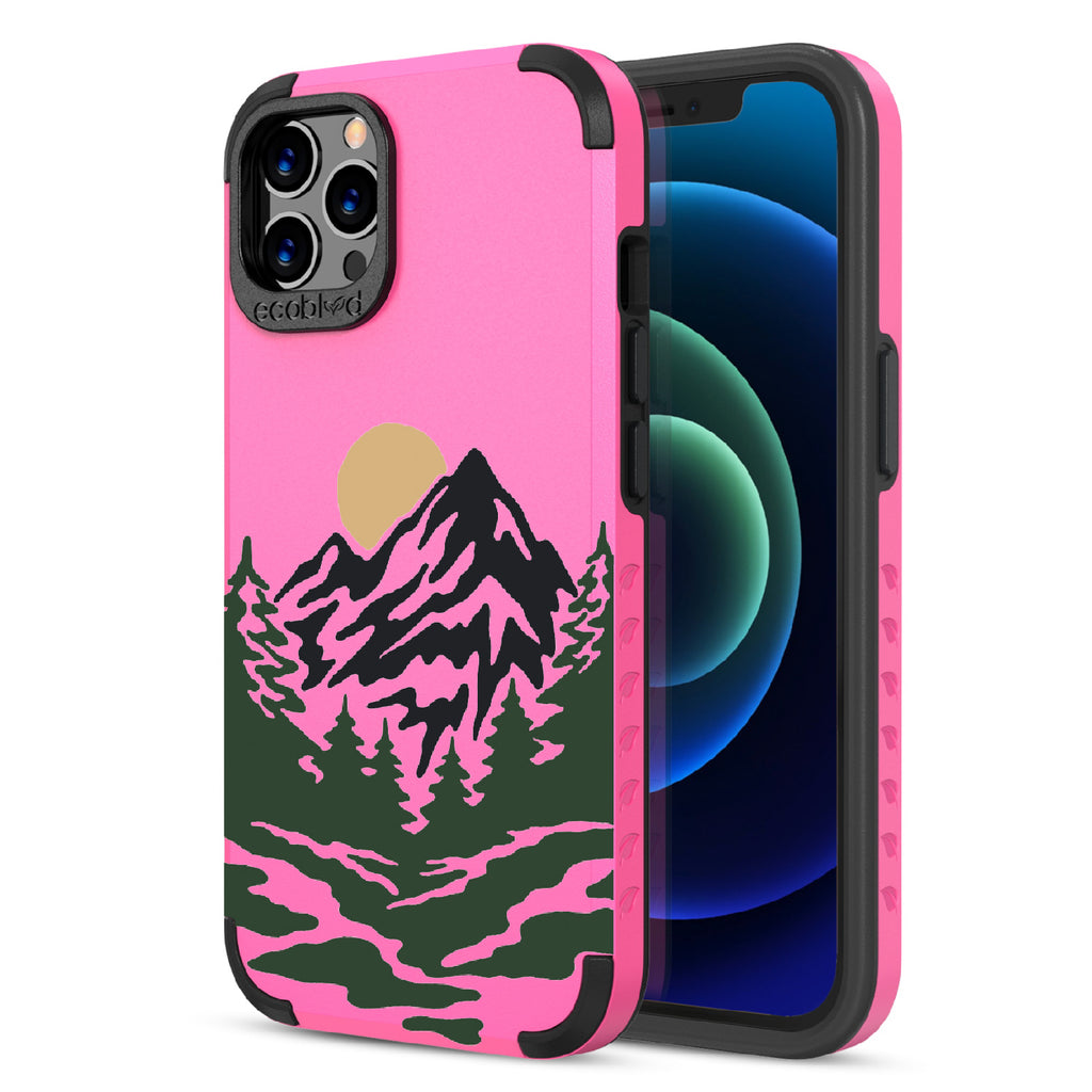 Mountains - Back View Of Pink & Eco-Friendly Rugged iPhone 12/12 Pro Case & A Front View Of The Screen