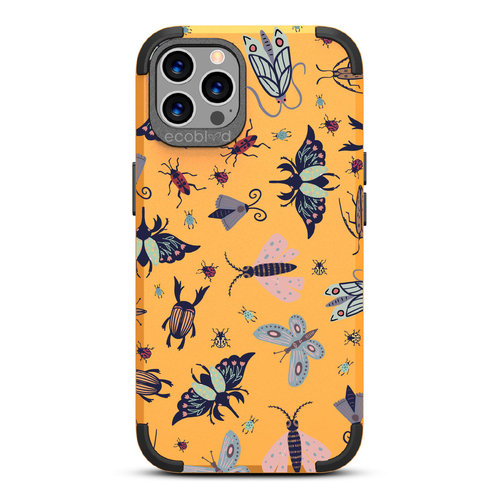 Bug Out - Yellow Rugged Eco-Friendly iPhone 12/12 Pro Case With Butterflies, Moths, Dragonflies, And Beetles On Back