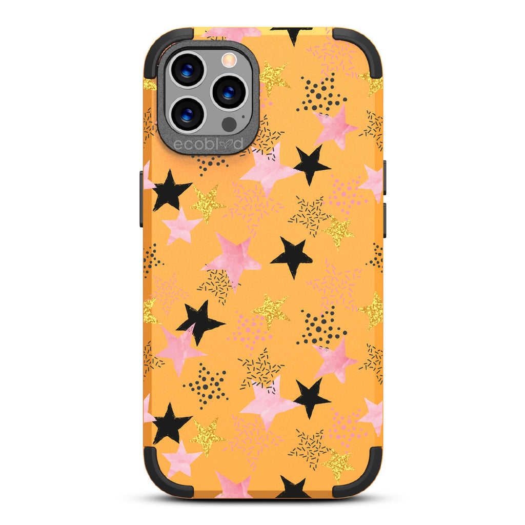 Champagne Supernova - Yellow Rugged Eco-Friendly iPhone 12/12  Case With Pink, Black & Gold Stars In Solid & Polka Dot Patterns