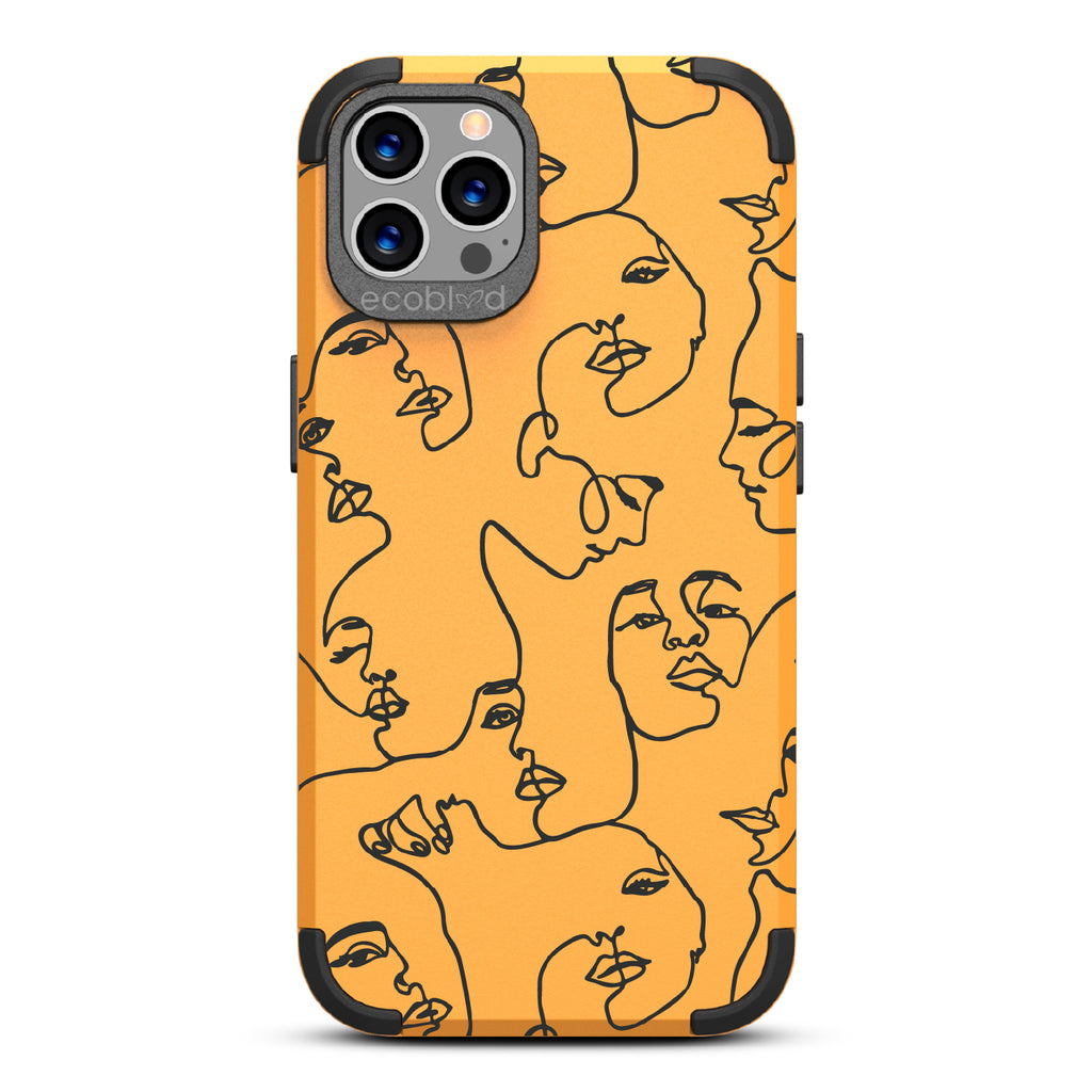 Delicate Touch - Yellow Rugged Eco-Friendly iPhone 12/12 Pro Case With Line Art Of A Woman?€?s Face On Back