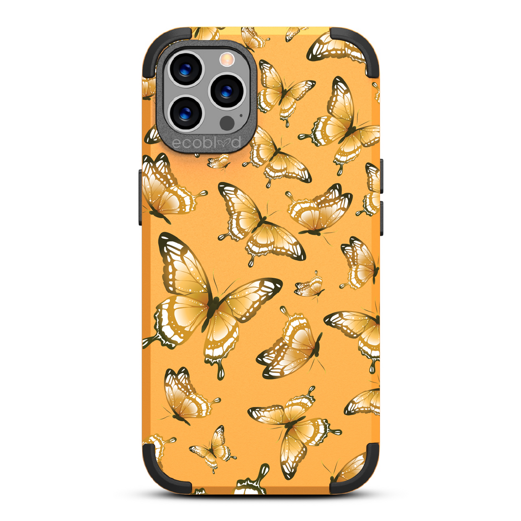 Social Butterfly - Yellow Rugged Eco-Friendly iPhone 12/12 Pro Case With Colorful Butterflies On Back
