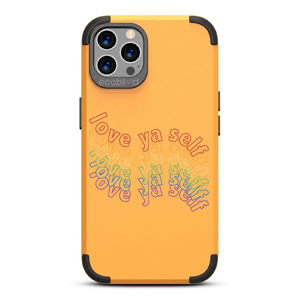 Love Ya Self - Yellow Rugged Eco-Friendly iPhone 12/12 Pro Case With Love Ya Self In Repeating Rainbow Gradient On Back