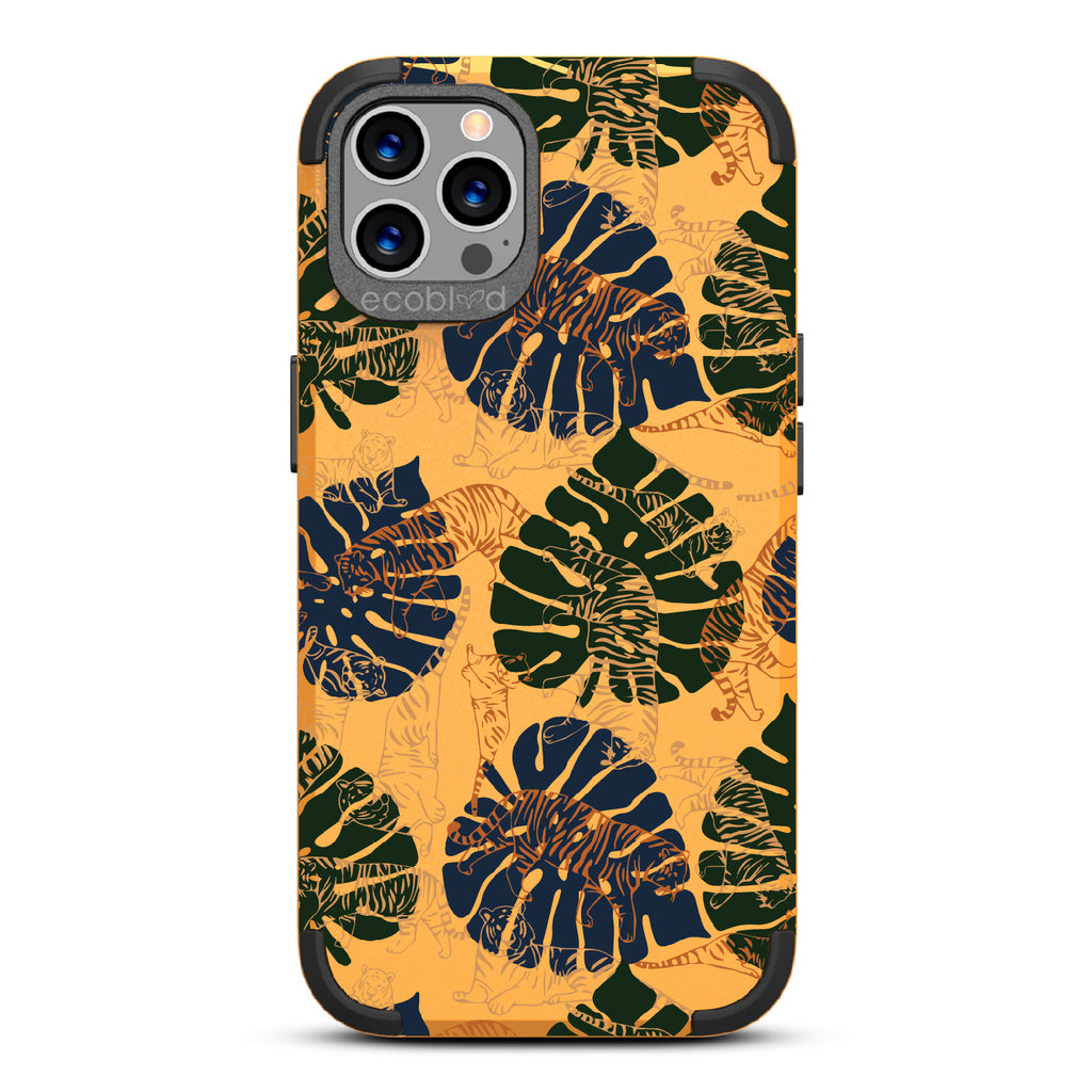 Tropic Roar - Yellow Rugged Eco-Friendly iPhone 12/12 Pro Case WithJungle Leaves & Orange / Yellow Tiger Outlines On Back