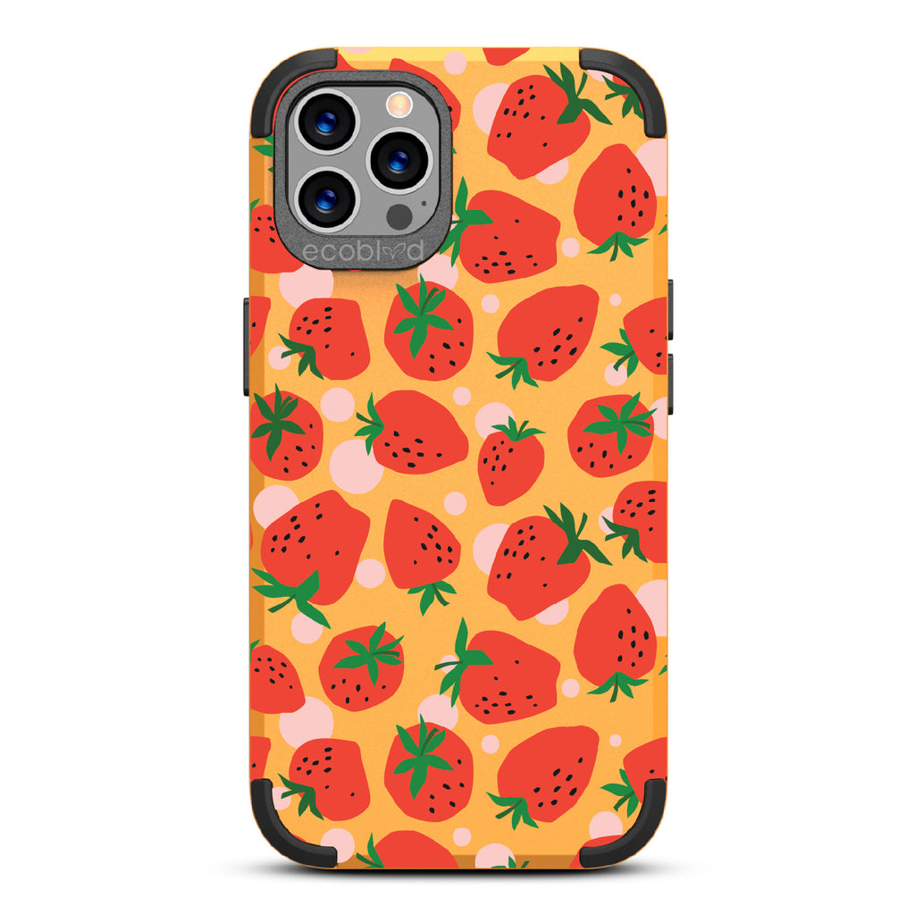 Strawberry Fields - Yellow Rugged Eco-Friendly iPhone 12/12 Pro Case With Strawberries On Back