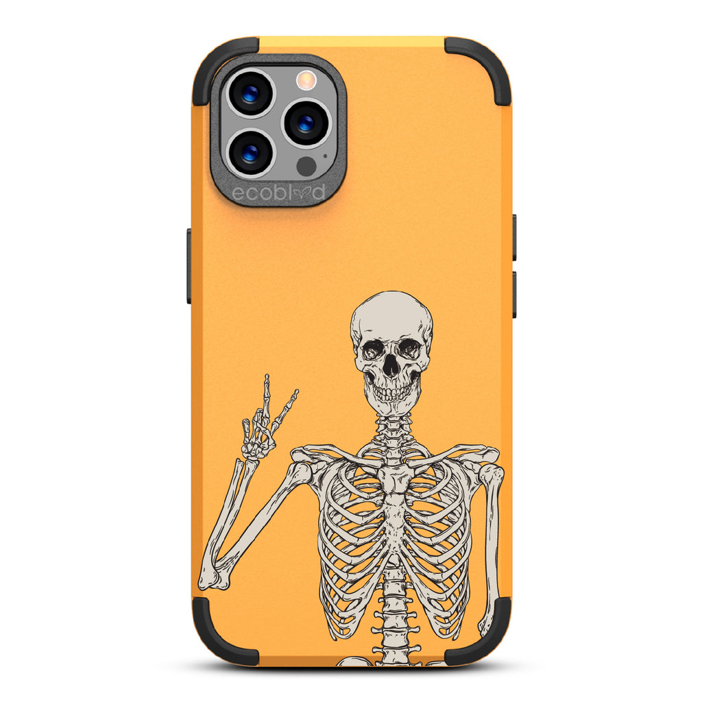 Creeping It Real - Yellow Rugged Eco-Friendly iPhone 12/12 Pro Case With Skeleton Giving A Peace Sign On Back