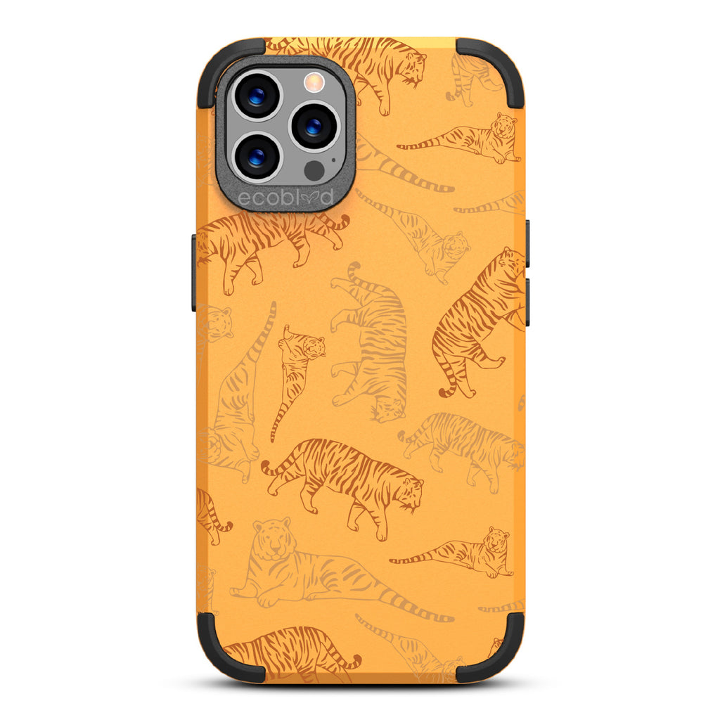  Tiger Pride - Yellow Rugged Eco-Friendly iPhone 12/12 Pro Case With Jungle Leaves & Orange / Yellow Tiger Outlines On Back