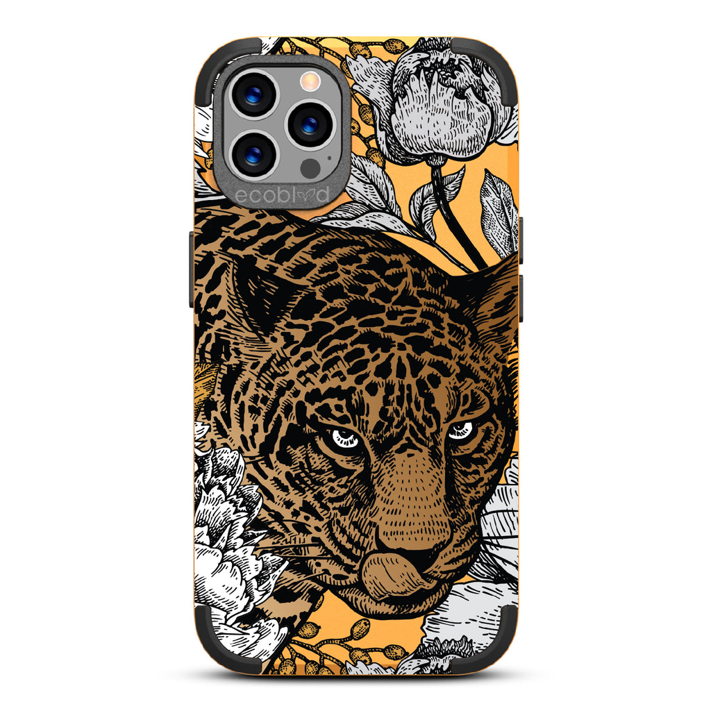 Purrfectly Striking - Yellow Rugged Eco-Friendly iPhone 12/12 Pro With Leopard, Black/Grey Flowers
