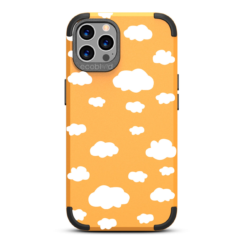 Clouds - Yellow Rugged Eco-Friendly iPhone 12/12 Pro Case With A Fluffy White Cartoon Clouds Print On Back