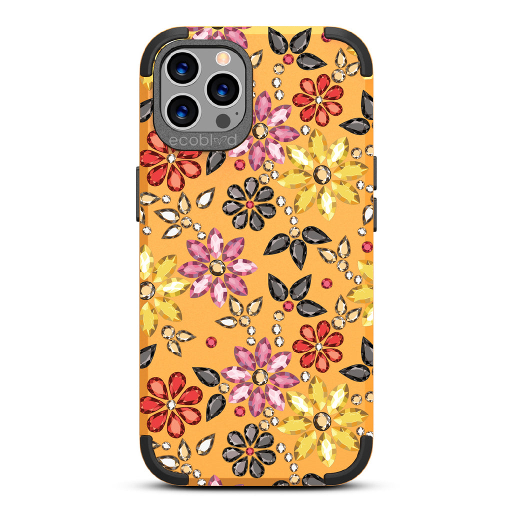 Bejeweled - Rhinestone Jewels In Floral Patterns - Yellow Eco-Friendly Rugged iPhone 12/12 Pro Case 
