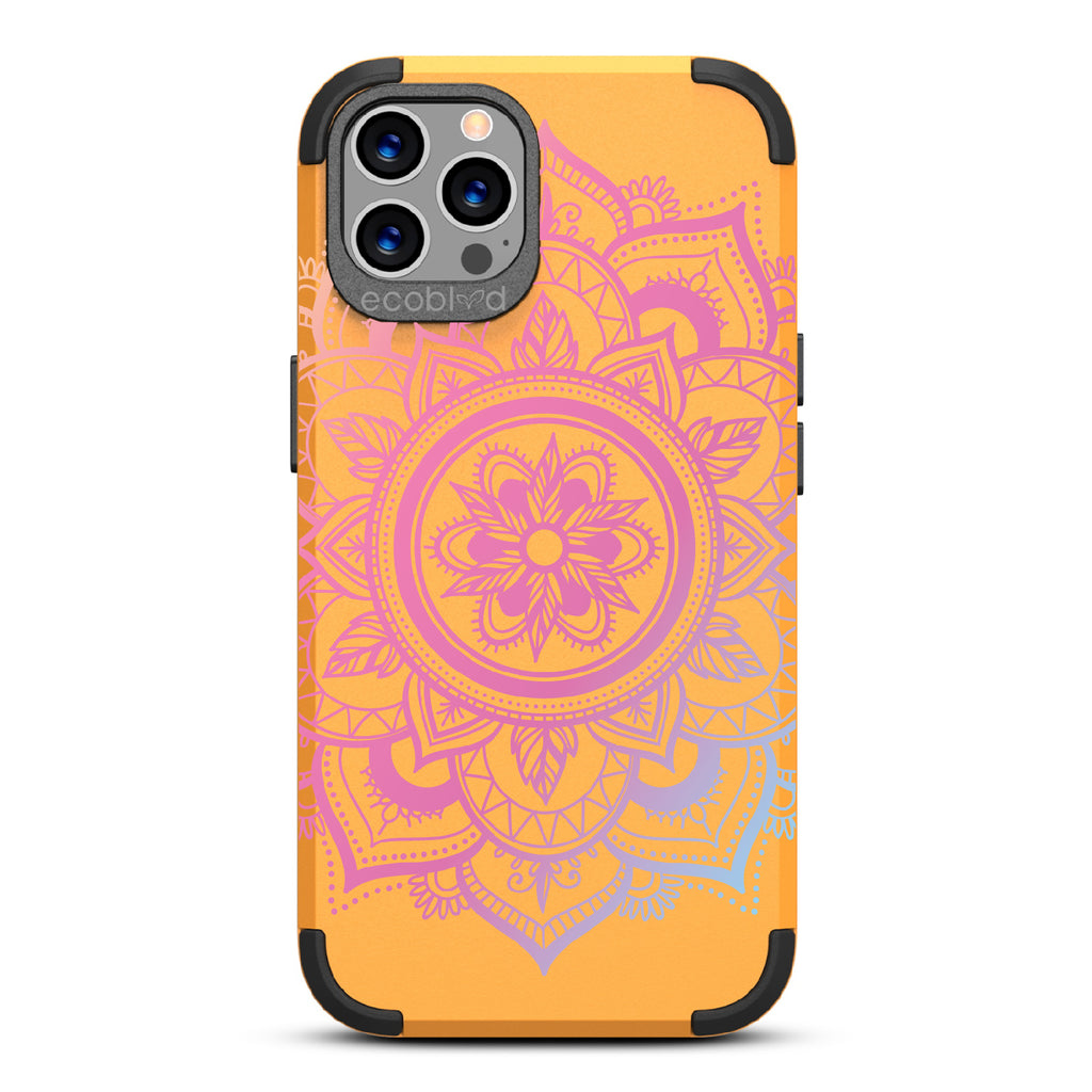 Mandala - Yellow Rugged Eco-Friendly iPhone 12/12 Pro Case With A Pink Lotus Flower Mandala On Back