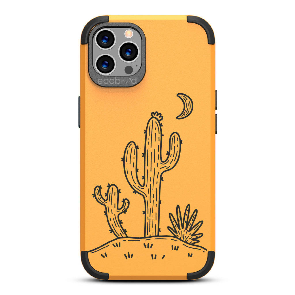 Sagebrush  - Yellow Rugged Eco-Friendly iPhone 12/12 Pro Case With Cartoon Cacti Under A Crescent Moon On Back
