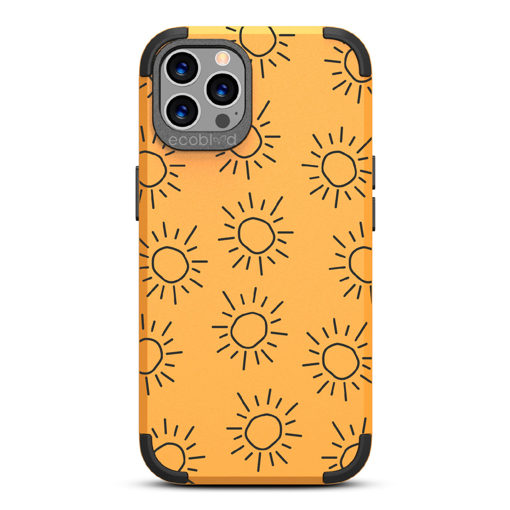 Sun - Yellow Rugged Eco-Friendly iPhone 12/12 Pro Case With Hand-Drawn Suns On Back