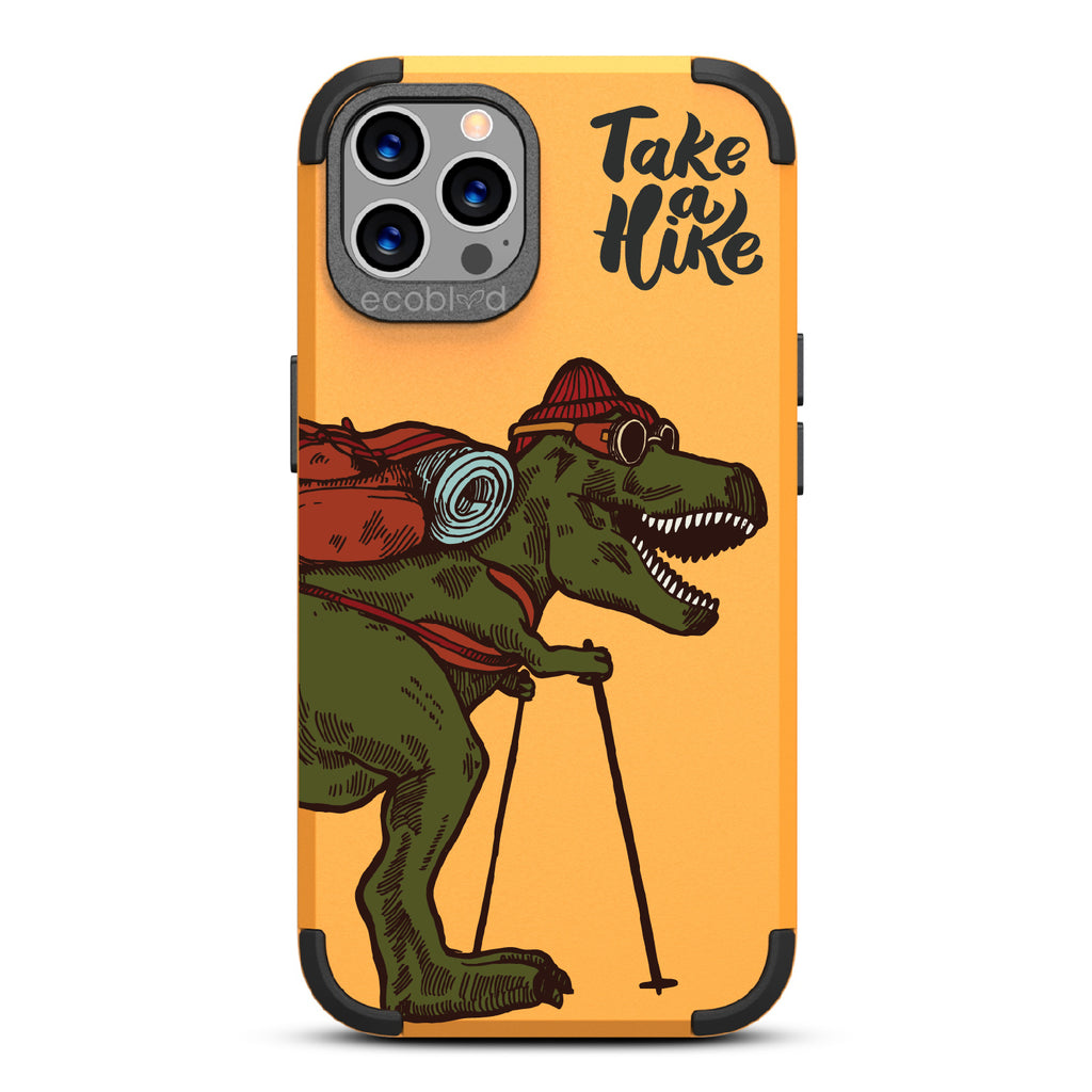 Take A Hike - Yellow Rugged Eco-Friendly iPhone 12/12 Pro Case With A Trail-Ready T-Rex And A Quote Saying Take A Hike On Back