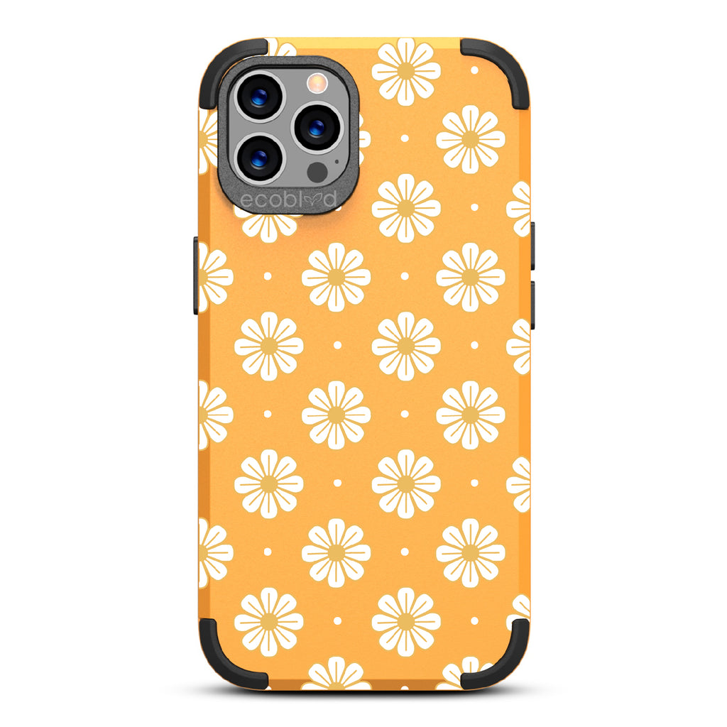 Daisy - Yellow Rugged Eco-Friendly iPhone 12/12 Pro Case With A White Floral Pattern Of Daisies & Dots On Back