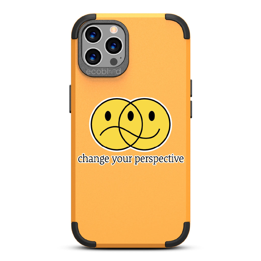 Perspective - Yellow Rugged Eco-Friendly iPhone 12/12 Pro Case With A Happy/Sad Face & Change Your Perspective On Back