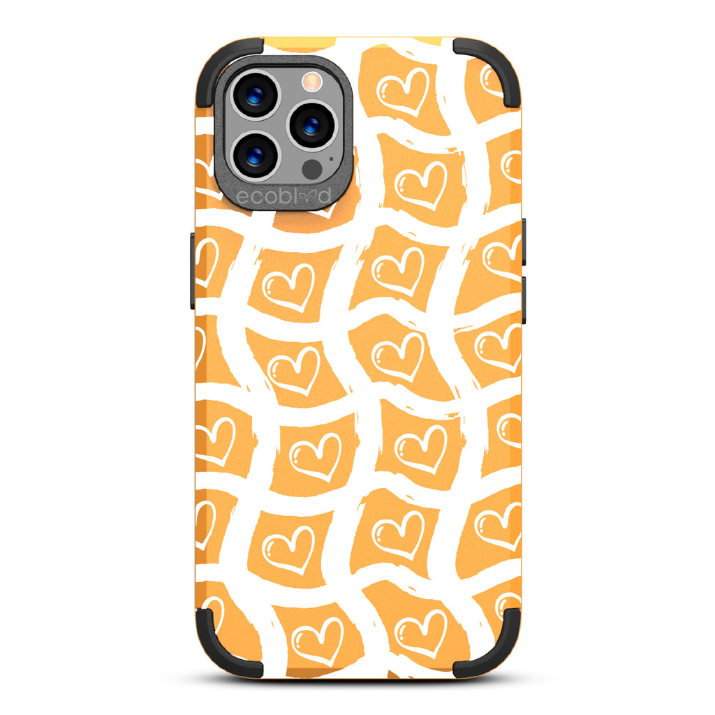 Waves Of Affection - Yellow Rugged Eco-Friendly iPhone 12/12 Pro Case With Wavy Paint Stroke Checker Print With Hearts On Back