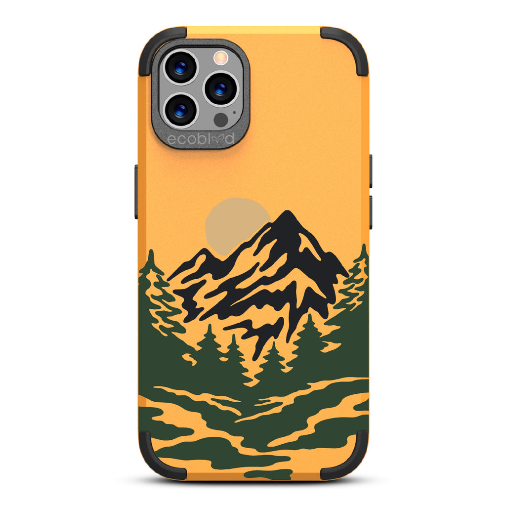 Mountains - Yellow Rugged Eco-Friendly iPhone 12/12 Pro Case With A Minimalist Moonlit Mountain Landscape On Back