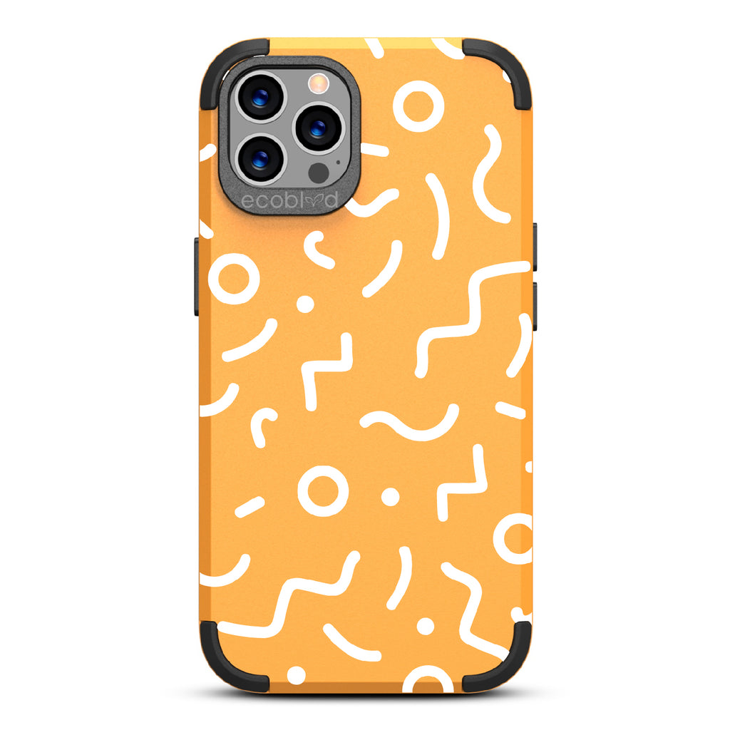 90's Kids  - Yellow Rugged Eco-Friendly iPhone 12/12 Pro Case With Retro 90's Lines & Squiggles On Back