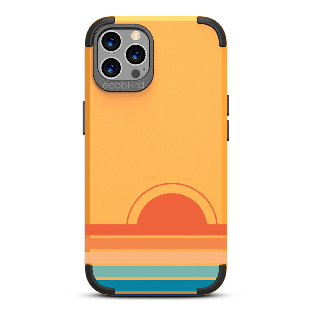 Rise N' Shine  - Yellow Rugged Eco-Friendly iPhone 12/12 Pro Case With A Sun Rising From Rainbow Stripes On Back