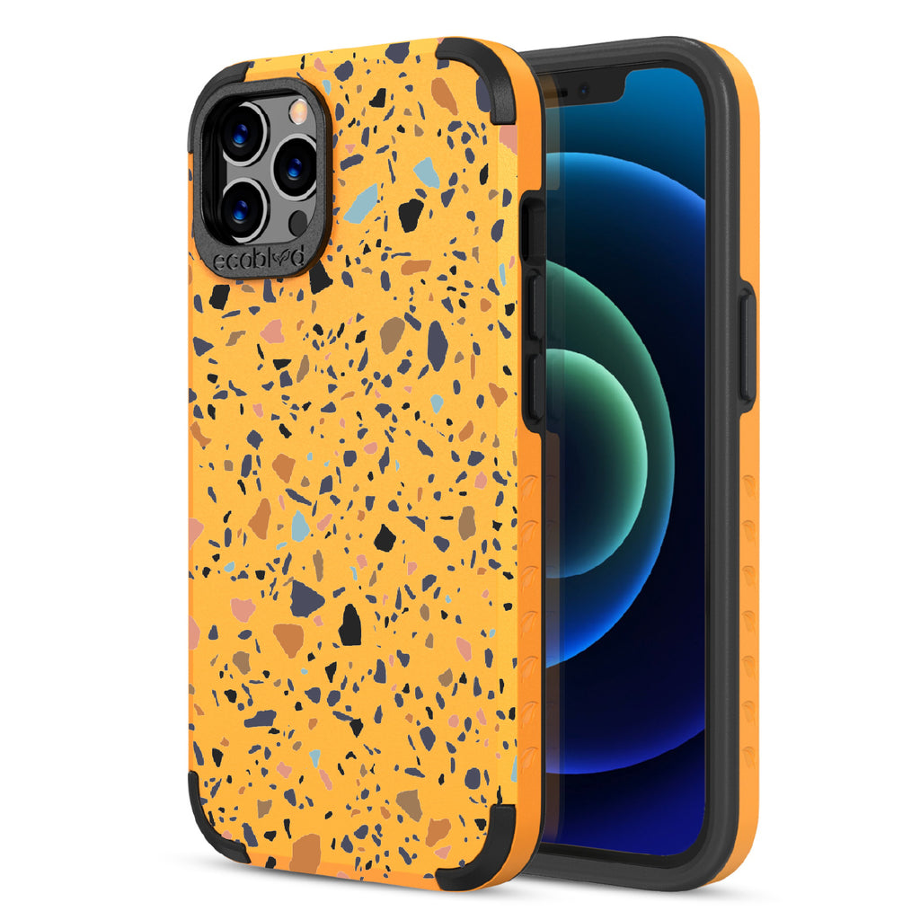 Terrazzo - Back Of Yellow & Eco-Friendly Rugged iPhone 12/12 Pro Case & A Front View Of The Screen