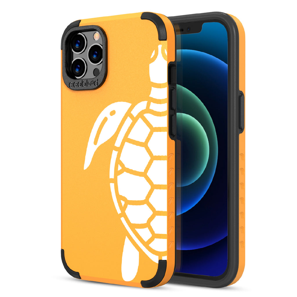 Sea Turtle - Back View Of Yellow & Eco-Friendly Rugged iPhone 12/12 Pro Case & A Front View Of The Screen