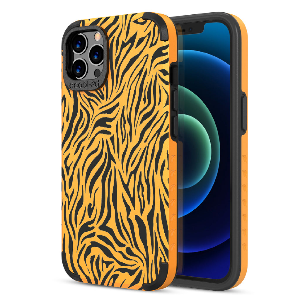 Zebra Print - Back View Of Yellow & Eco-Friendly Rugged iPhone 12/12 Pro Case & A Front View Of The Screen