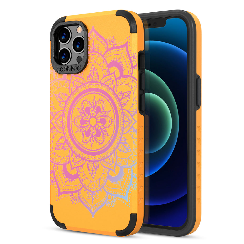 Mandala - Back View Of Yellow & Eco-Friendly Rugged iPhone 12/12 Pro Case & A Front View Of The Screen