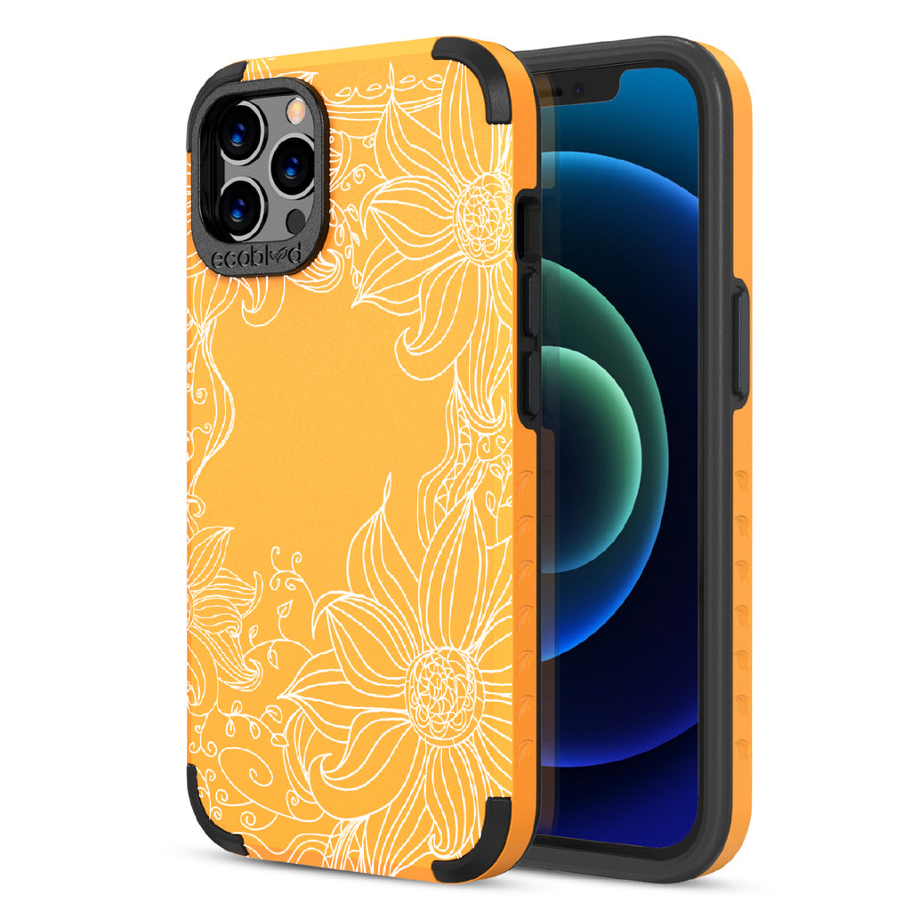 Flower Stencil - Back View Of Yellow & Eco-Friendly Rugged iPhone 12/12 Pro Case & A Front View Of The Screen