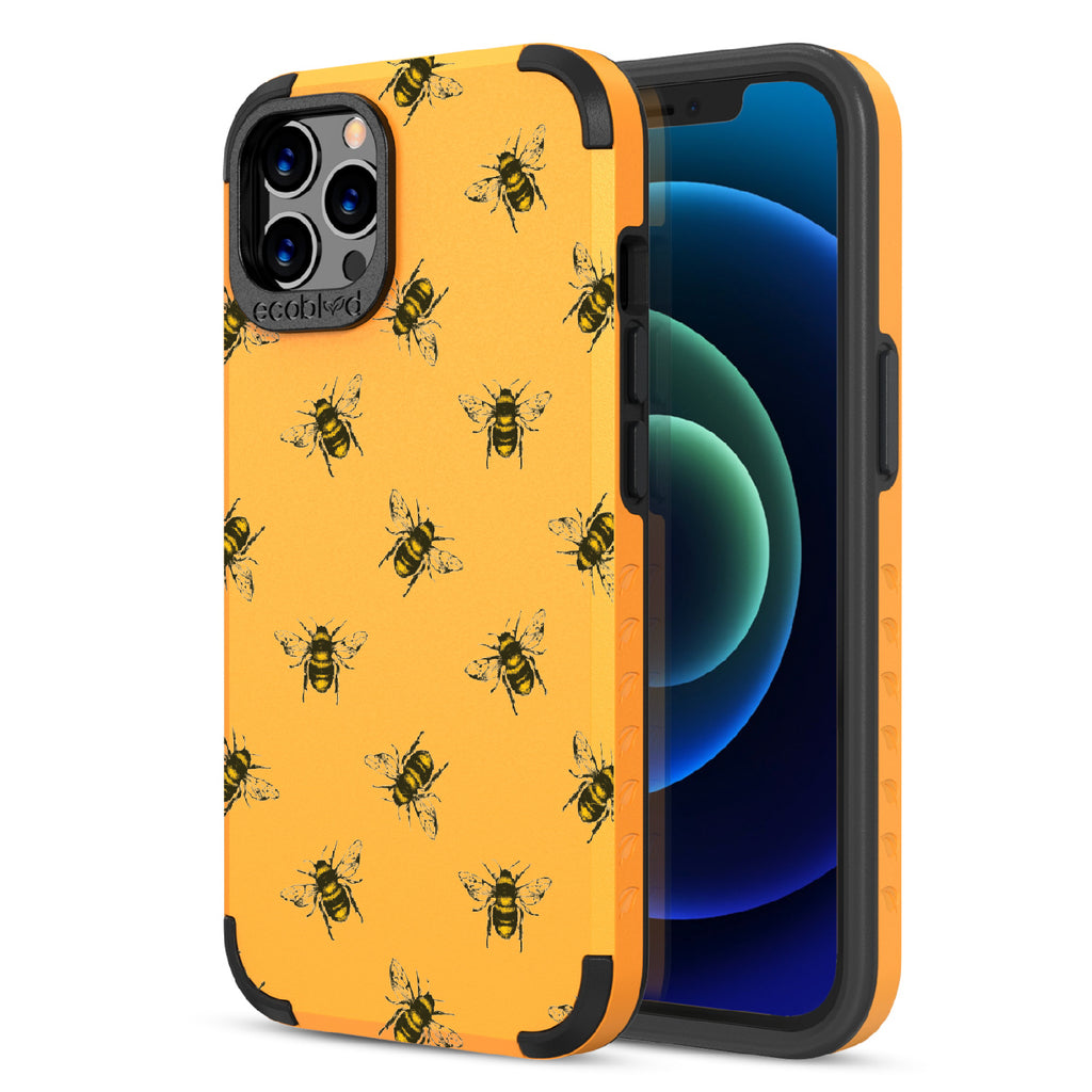 Bees - Back View Of Yellow & Eco-Friendly Rugged iPhone 12/12 Pro Case & A Front View Of The Screen