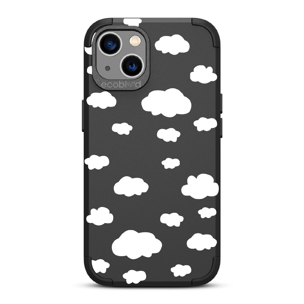 Clouds - Black Rugged Eco-Friendly iPhone 13 Case With A Fluffy White Cartoon Clouds Print On Back