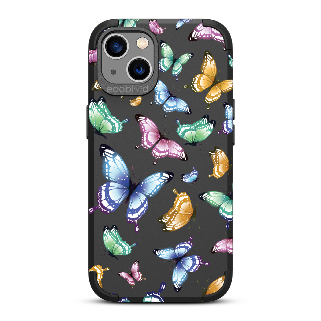 Social Butterfly - Black Rugged Eco-Friendly iPhone 13 Case With Colorful Butterflies On Back