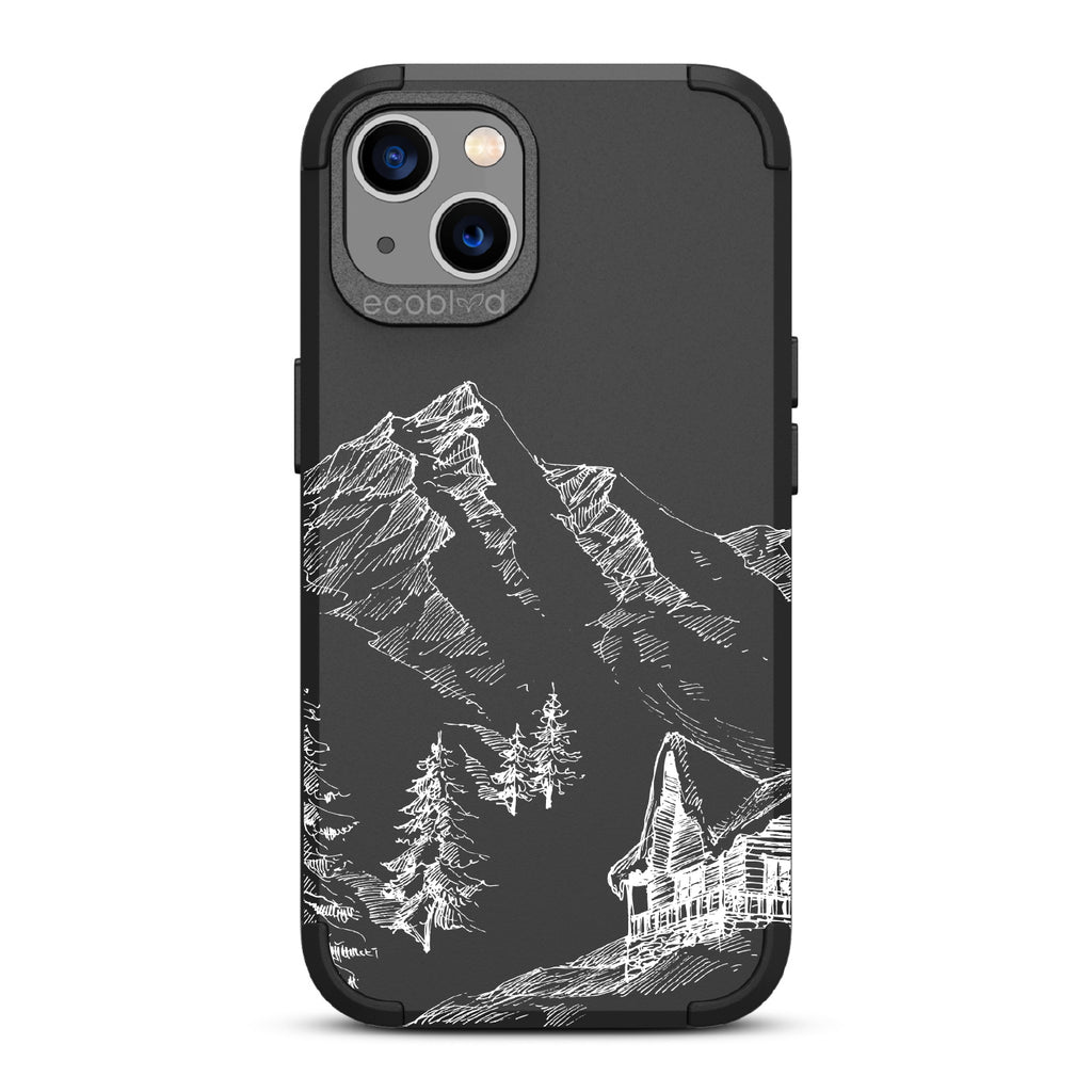 Cabin Retreat - Black Rugged Eco-Friendly iPhone 13 Case With Hand-Drawn Snowy Mountainside Wood Cabin
