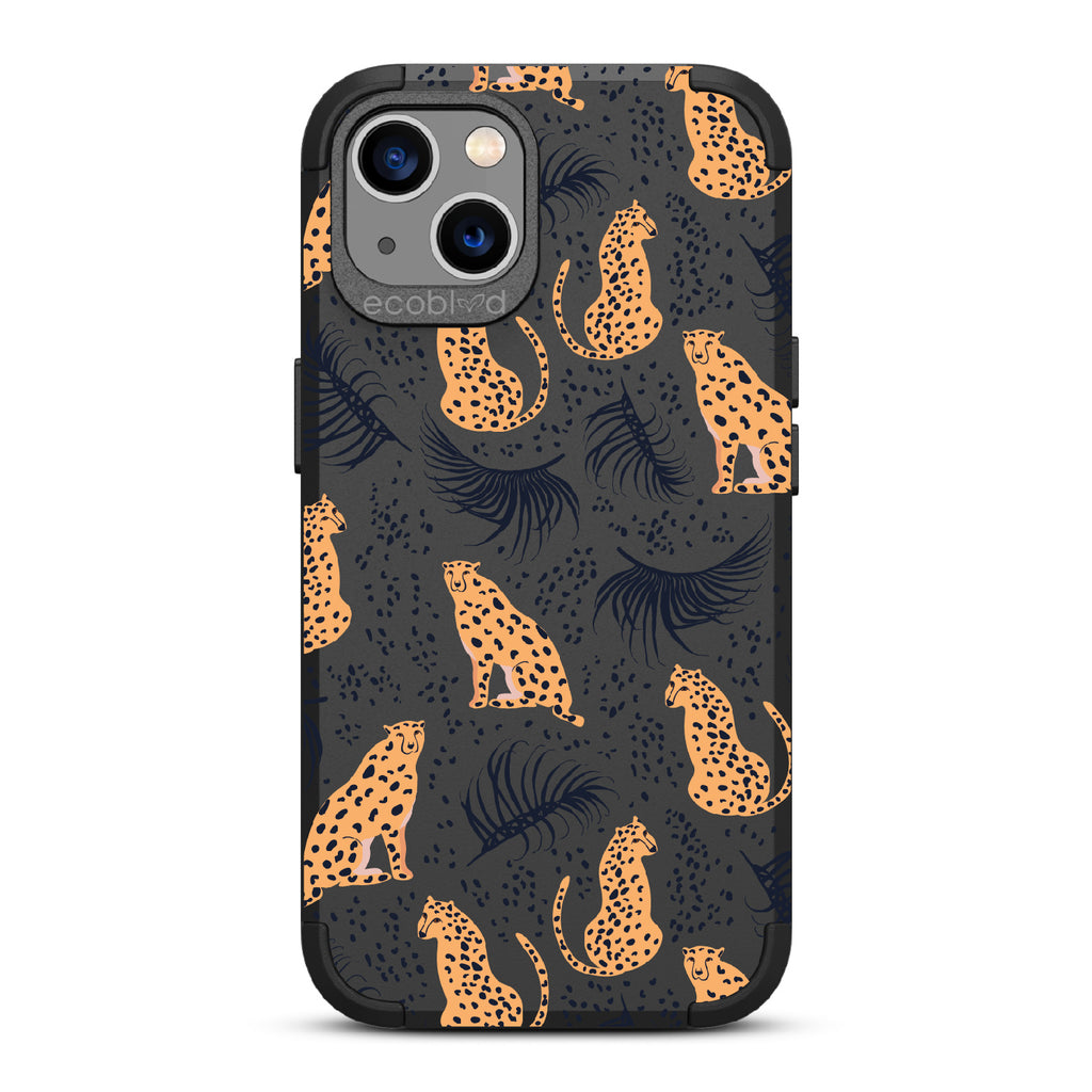 Feline Fierce - Black Rugged Eco-Friendly iPhone 13 Case With Minimalist Cheetahs With Spots and Reeds