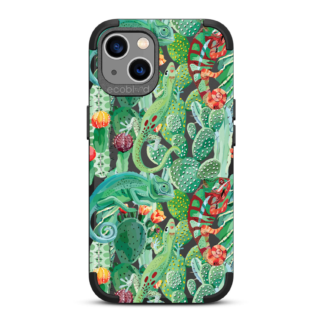In Plain Sight - Black Rugged Eco-Friendly iPhone 13 With Chameleons On Cacti On A Clear Back
