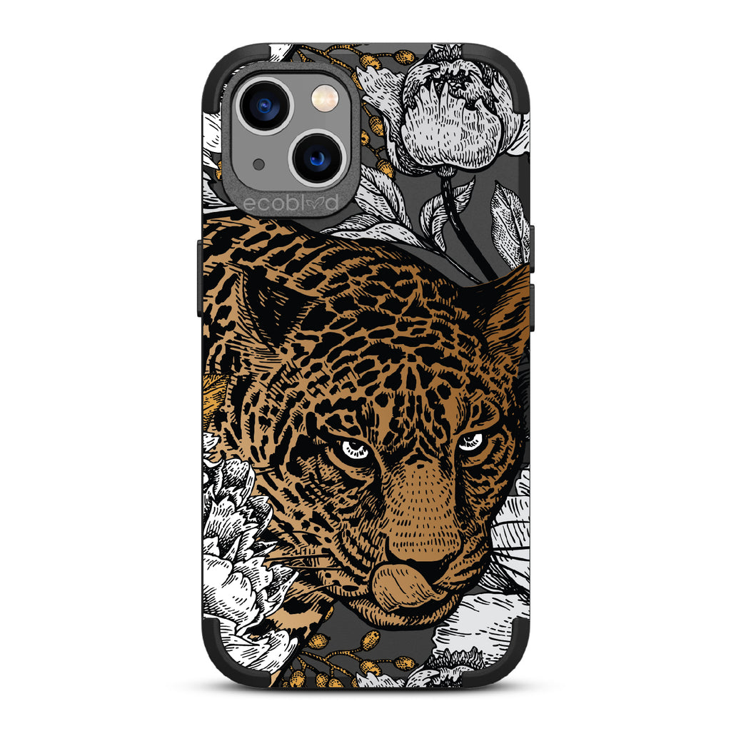 Purrfectly Striking - Black Rugged Eco-Friendly iPhone 13 With Leopard, Black/Grey Flowers