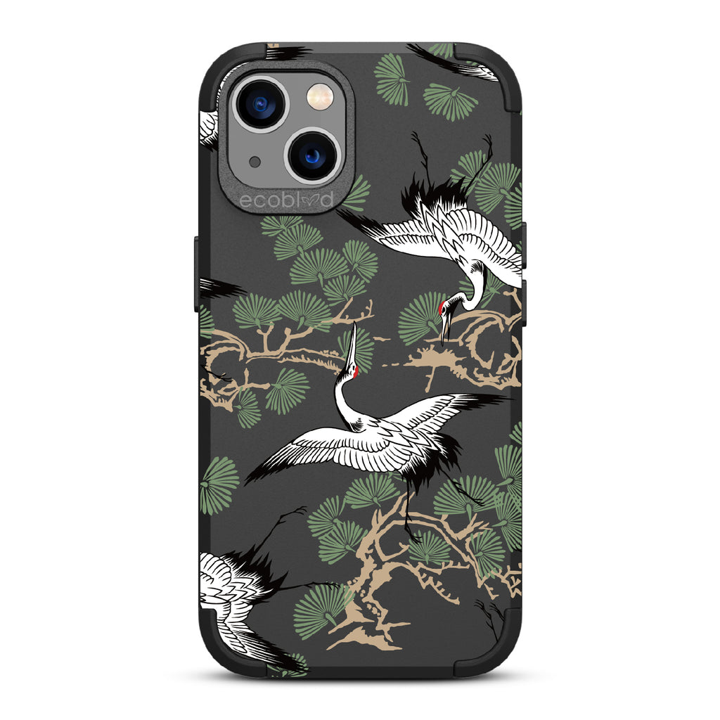 Graceful Crane - Black Rugged Eco-Friendly iPhone 13 Case With Japanese Cranes Atop Branches On Back