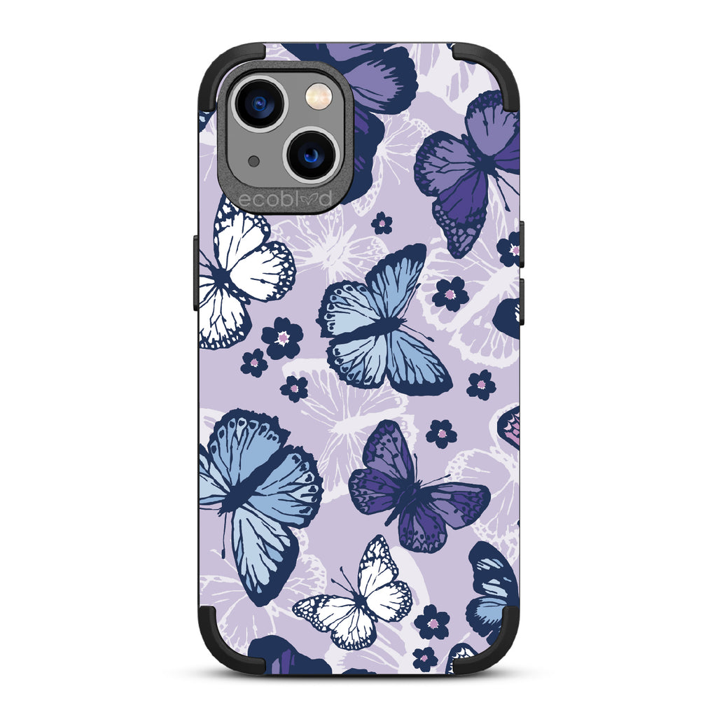 Deja Vu - Black Rugged Eco-Friendly iPhone 13 With Blue, White, Purple Butterflies & Flowers + Lavender Background