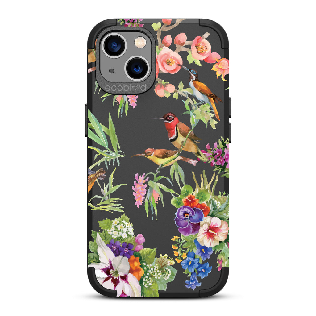 Sweet Nectar - Black Rugged Eco-Friendly iPhone 13 With Hummingbirds, Colorful Garden Flowers