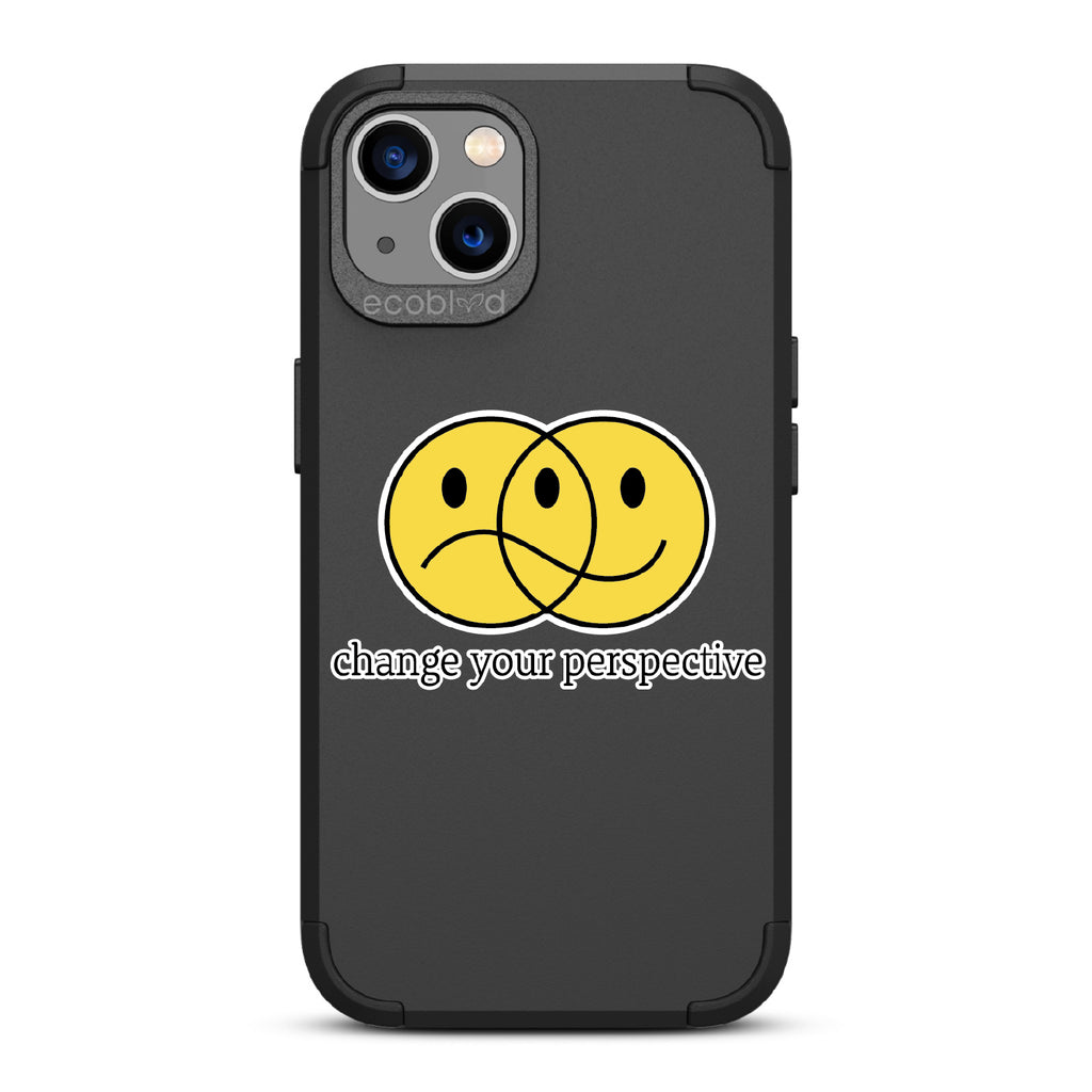 Perspective - Black Rugged Eco-Friendly iPhone 13 Case With A Happy/Sad Face & Change Your Perspective On Back