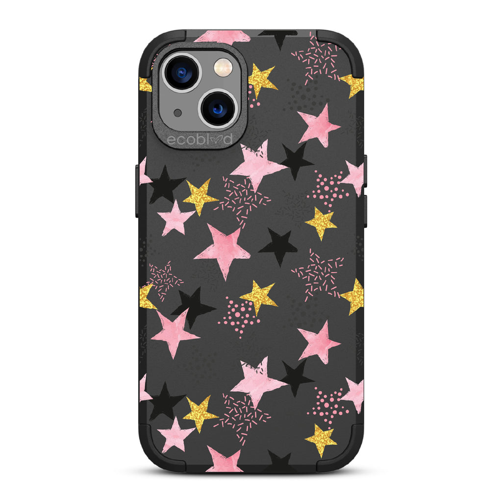 Champagne Supernova - Black Rugged Eco-Friendly iPhone 13 Case With Pink, Black & Gold Stars In Solid & Polka Dot Patterns