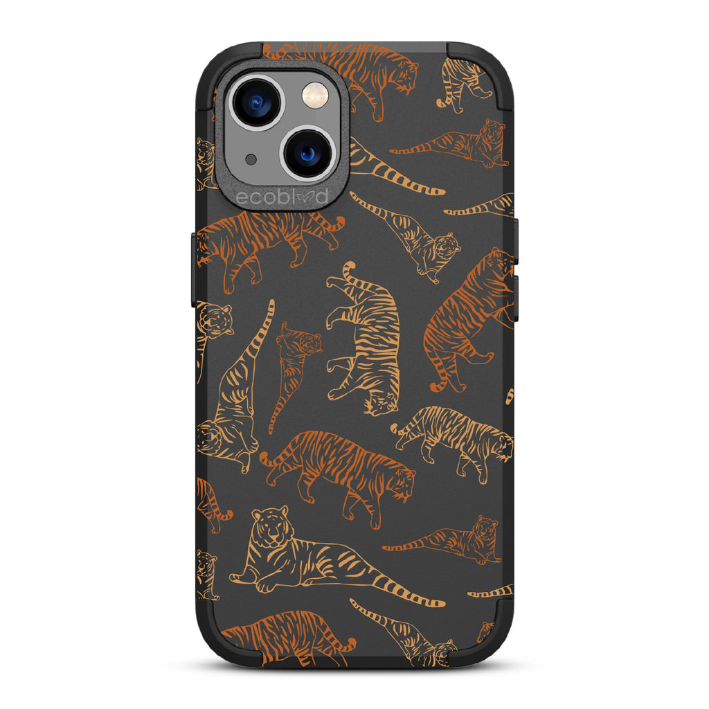 Tiger Pride - Black Rugged Eco-Friendly iPhone 13 Case With Jungle Leaves & Orange / Yellow Tiger Outlines On Back