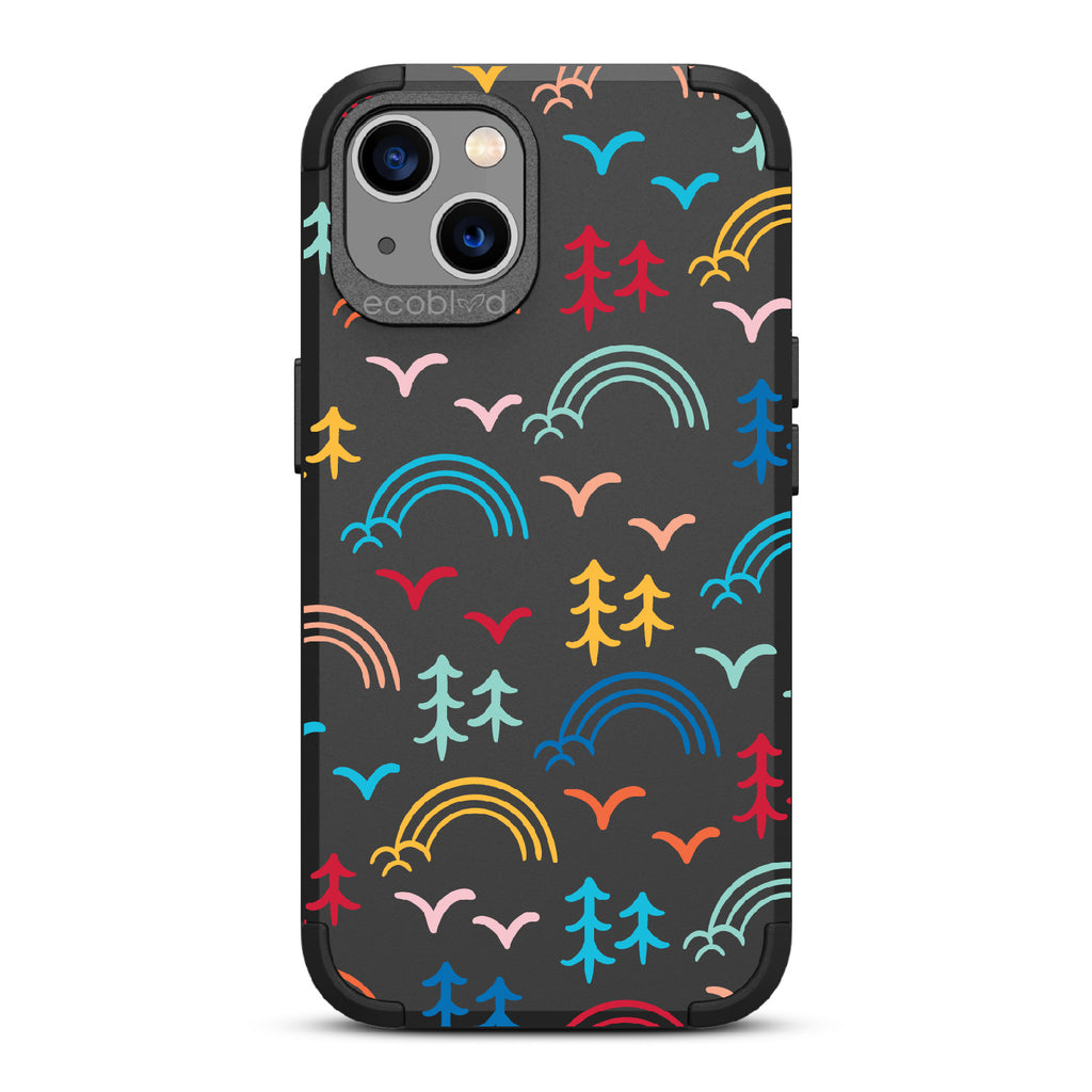 Happy Camper X Brave Trails - Black Rugged Eco-Friendly iPhone 13 Case With Minimalist Trees, Birds, Rainbows